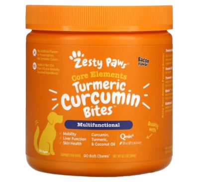 Zesty Paws, Turmeric Curcumin Bites for Dogs, Everyday Vitality, All Ages, Bacon Flavor, 90 Soft Chews