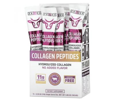 Zhou Nutrition, Collagen Peptides, Hydrolyzed Collagen, Unflavored, 15 Stix, 0.39 oz (11 g) Each