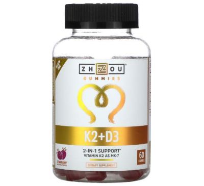 Zhou Nutrition, K2 + D3, клубника, 60 жевательных таблеток