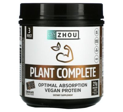 Zhou Nutrition, Plant Complete, веганский протеин с оптимальным усвоением, шоколад, 563,2 г (19,9 унции)