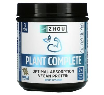 Zhou Nutrition, Plant Complete, Optimal Absorption Vegan Protein, Vanilla, 17.7 oz (500.8 g)