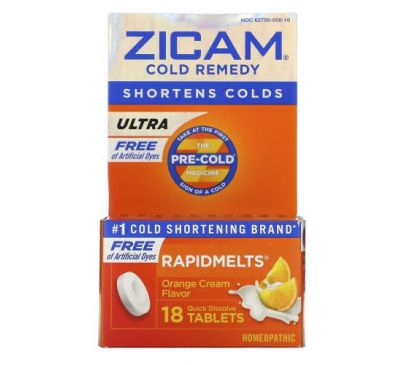 Zicam, Ultra Cold Remedy, RapidMelts, со вкусом апельсинового крема, 18 быстрорастворимых таблеток