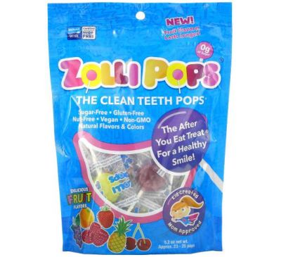 Zollipops, The Clean Teeth Pops, льодяники для чищення зубів, полуниця, апельсин, малина, вишня, виноград, ананас, прибл. 23–25 ​льодяників ZolliPops, 147 г (5,2 унції)